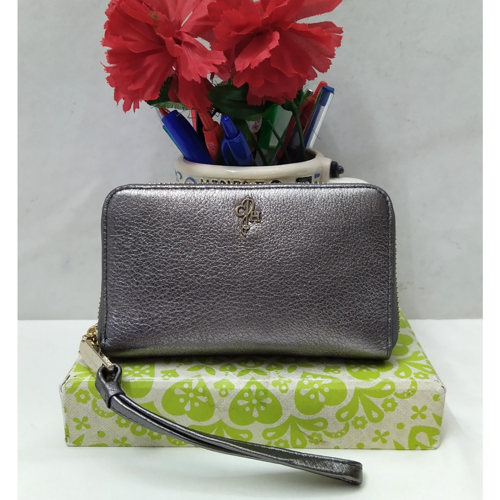 Cole Haan Metallic Silver Gray Leather Zip Around Credit Card ID Window Wallet